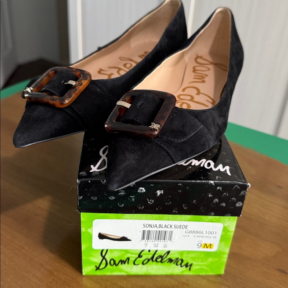 Sam Edelman NIB Black Suede Pointed Heels with Tortoise Buckle SONJA